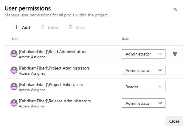 Captura de ecrã da página de segurança dos grupos de agentes ao nível do projeto.