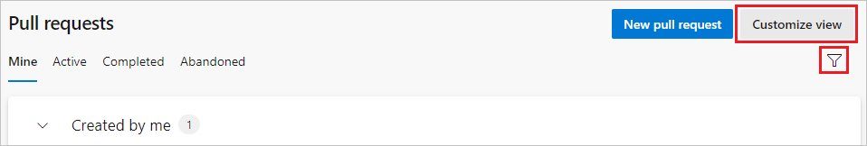 Captura de ecrã que mostra o botão Personalizar vista na página de Pedidos de pull.