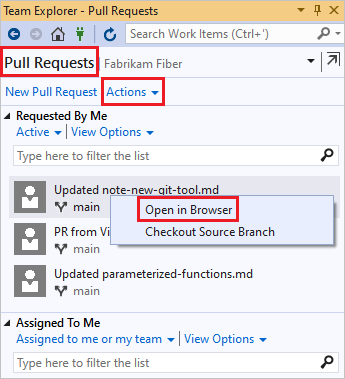 Captura de tela da lista P R no Visual Studio Team Explorer.