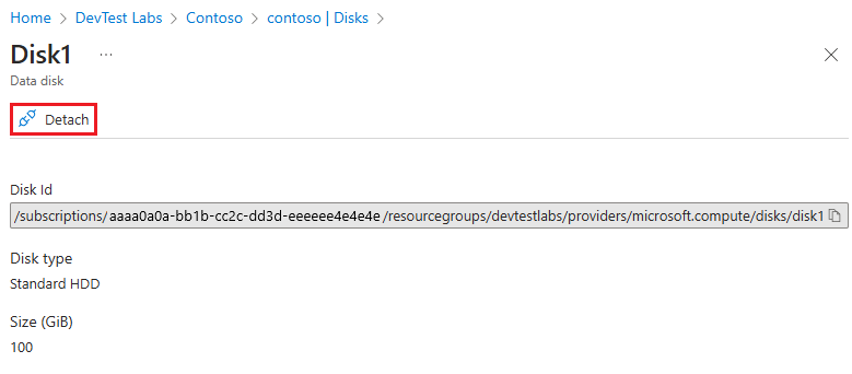 Captura de ecrã a mostrar Desanexação na página Disco de Dados.