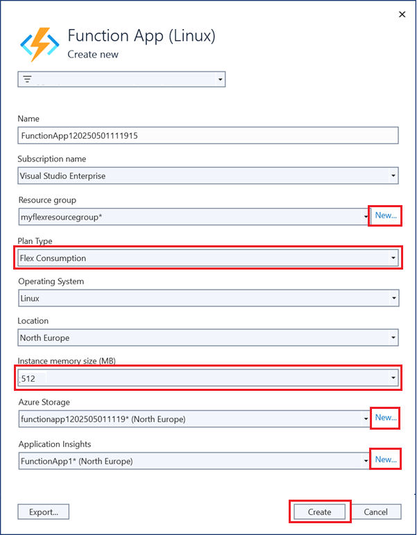 Captura de ecrã da caixa de diálogo Criar nova aplicação de funções. Os campos para o nome, assinatura, grupo de recursos, plano e outras configurações são preenchidos.