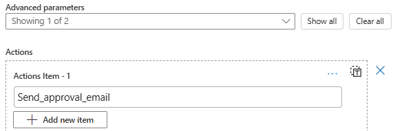 Captura de tela mostrando a caixa -1 Item de Ações e o nome JSON da ação.