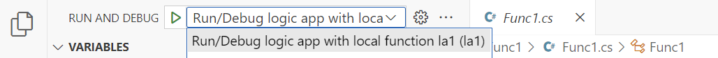 A captura de tela mostra a lista de execução e depuração com a opção de seleção para a aplicação lógica de execução/depuração com função local.