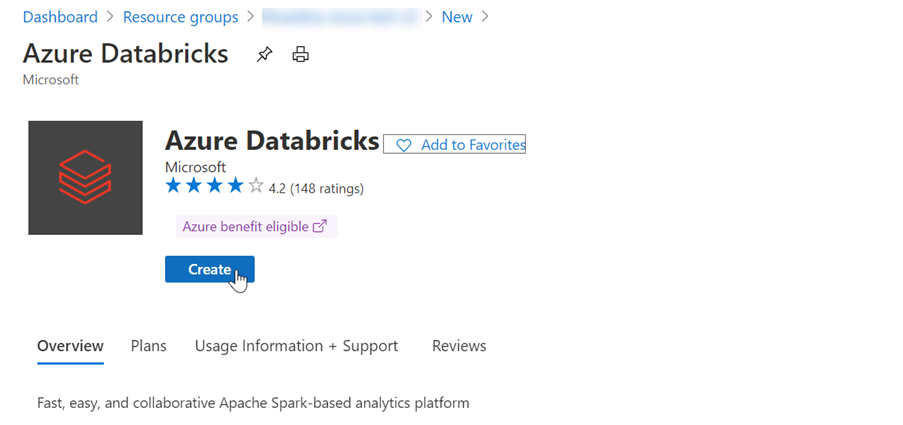 Captura de tela que mostra a oferta do Azure Databricks com Criar selecionado.