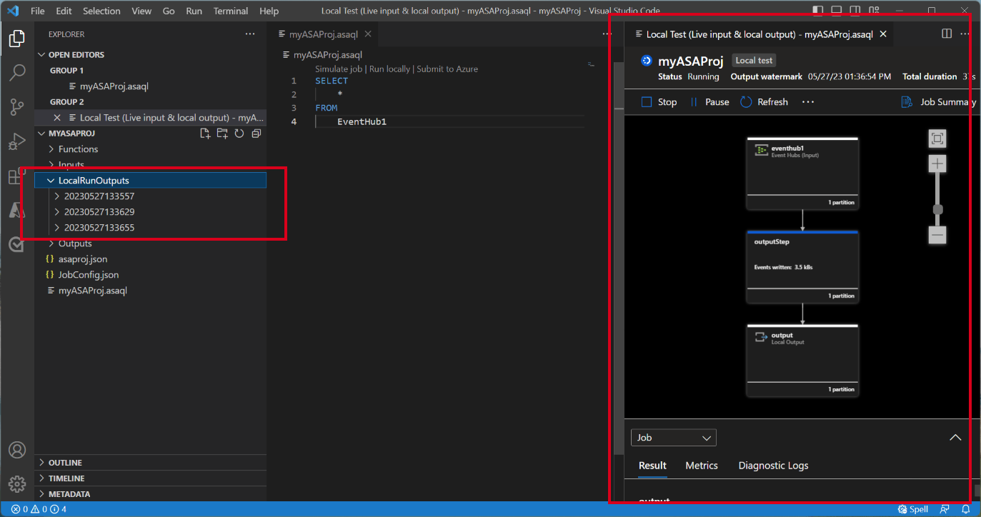 Captura de tela da extensão VS Code mostrando a janela de teste local.
