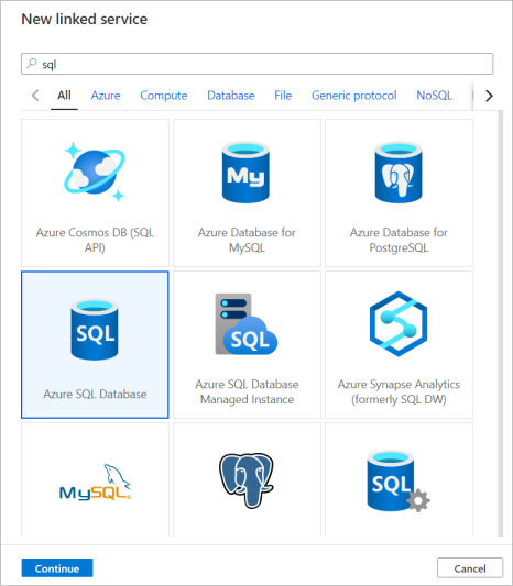 Criar novo serviço vinculado do Banco de Dados SQL do Azure