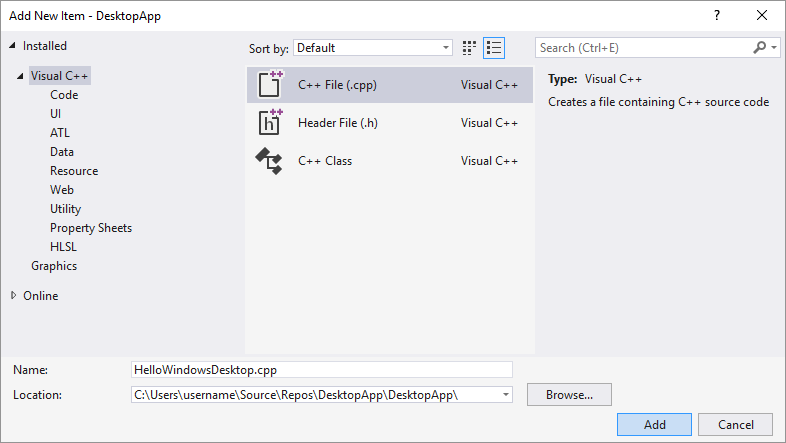 Captura de ecrã da caixa de diálogo Adicionar Novo Item no Visual Studio 2019. A opção Ficheiro C++ (.cpp) está selecionada. O campo de nome está definido como Hello Windows Desktop.cpp.