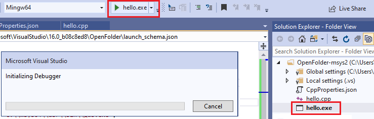 Lista suspensa de destino de depuração da barra de ferramentas, mostrando a seta verde para iniciar o depurador.