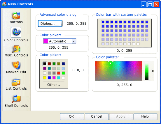 Controles de cores CMFCPropertySheet.