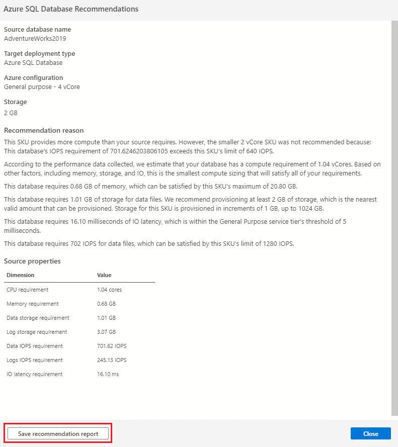 Captura de tela que mostra os detalhes da recomendação de SKU.