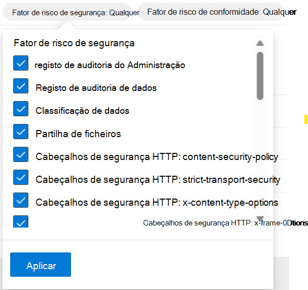 Captura de ecrã a mostrar os filtros do fator de risco de segurança