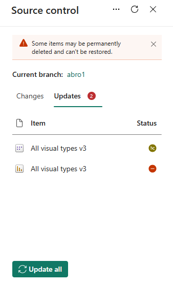 Captura de tela do painel de controle do código-fonte com a guia Atualizar aberta e o botão Atualizar tudo selecionado.