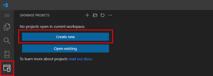 Captura de tela do Visual Studio Code mostrando o painel de extensão Projetos de Banco de Dados e o botão Criar novo.