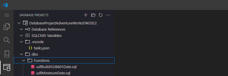 Captura de tela do Visual Studio Code mostrando o novo projeto de banco de dados para AdventureWorksDW2022.