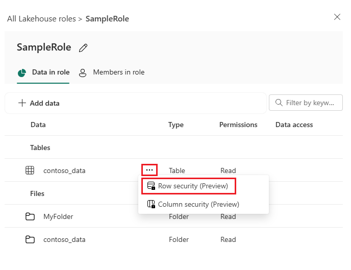 Captura de ecrã que mostra a seleção de 'segurança de linha' para editar permissões numa tabela.