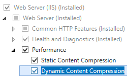 Captura de tela que mostra a Compactação de Conteúdo Dinâmico selecionada para o Windows Server 2012.