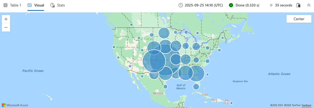 Captura de ecrã da IU Web do Azure Data Explorer a mostrar um mapa geoespacial de tempestades de tornados.