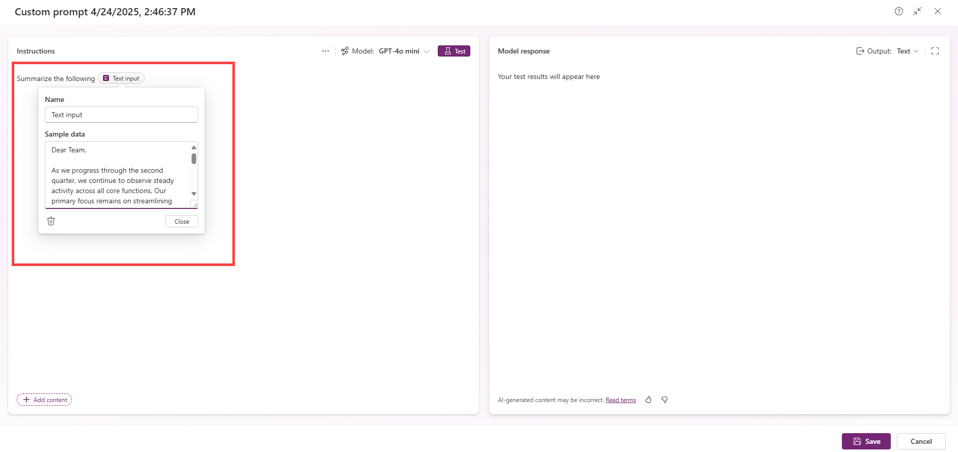 Captura de ecrã a mostrar como adicionar um valor de entrada de amostra.