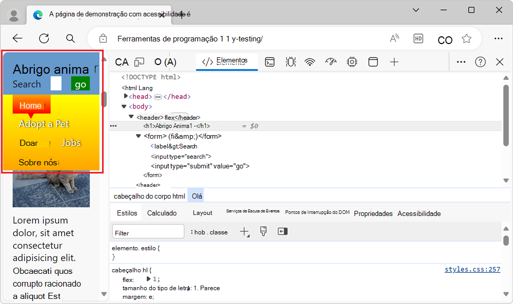 O esquema estreito, que mostra que metade da página é abrangida pela barra de navegação
