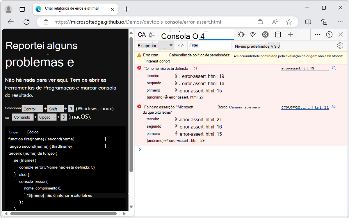 As mensagens de erro aparecem na Consola
