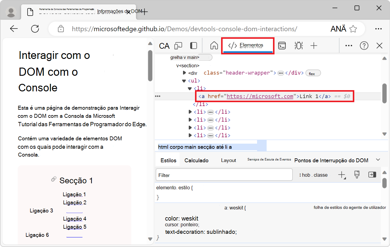 A ferramenta Elementos em DevTools, com o elemento de ligação selecionado