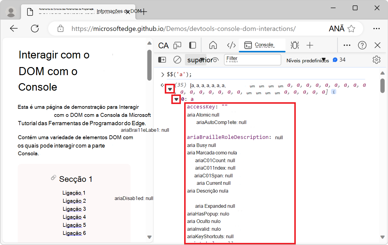 Ao expandir o primeiro elemento na matriz, as respetivas propriedades são apresentadas