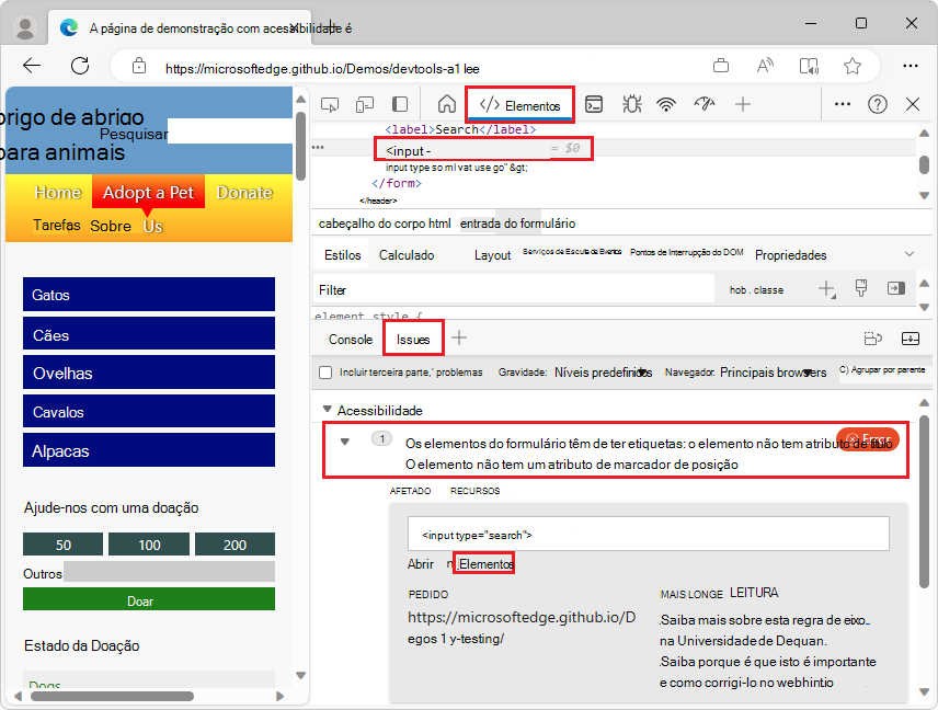 webhint feedback na ferramenta Problemas
