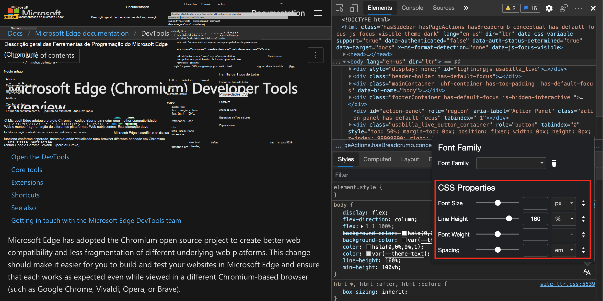 O Editor de Tipos de Letra é aberto na parte superior do painel Estilos, com as propriedades CSS realçadas