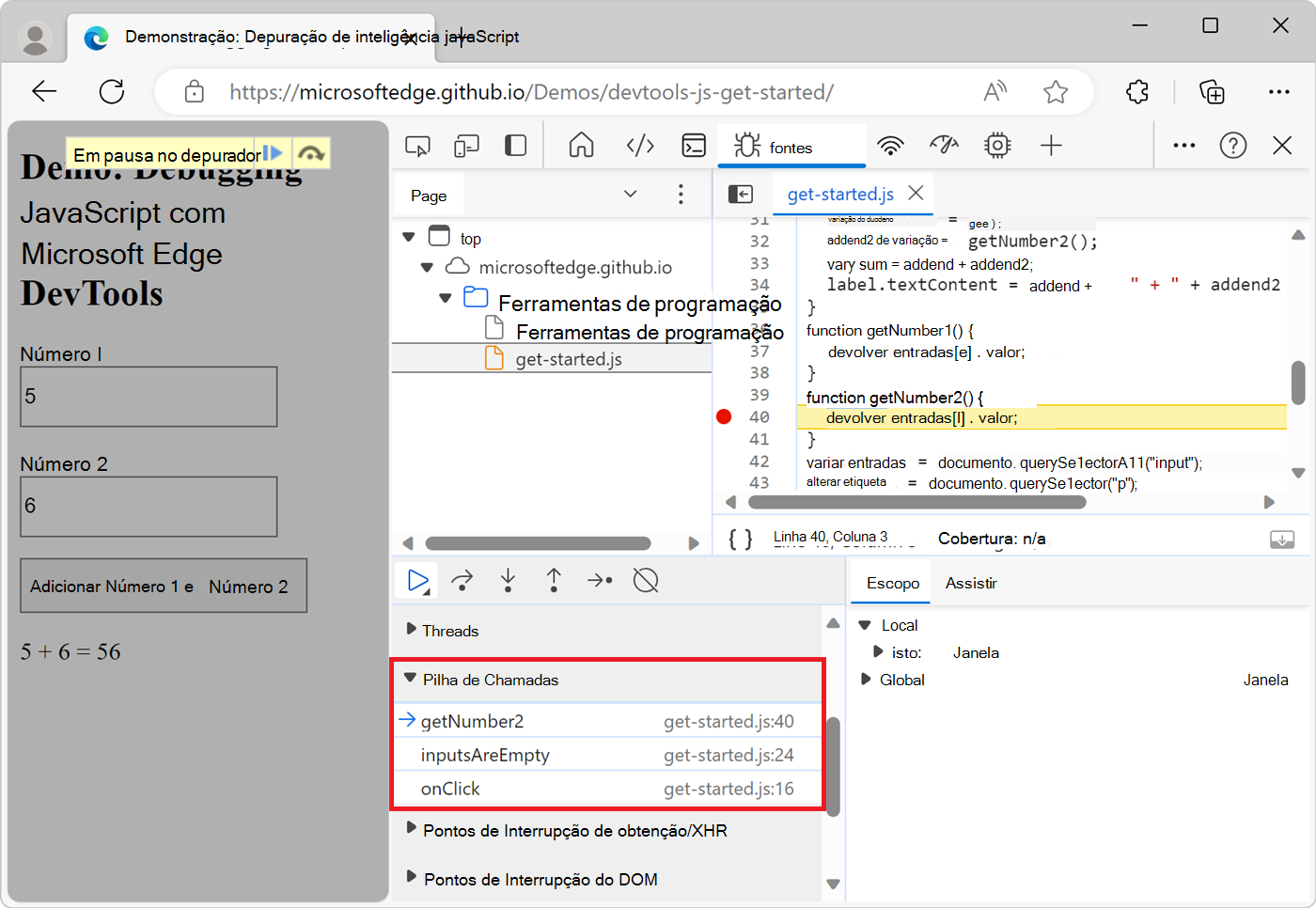 O painel Pilha de Chamadas