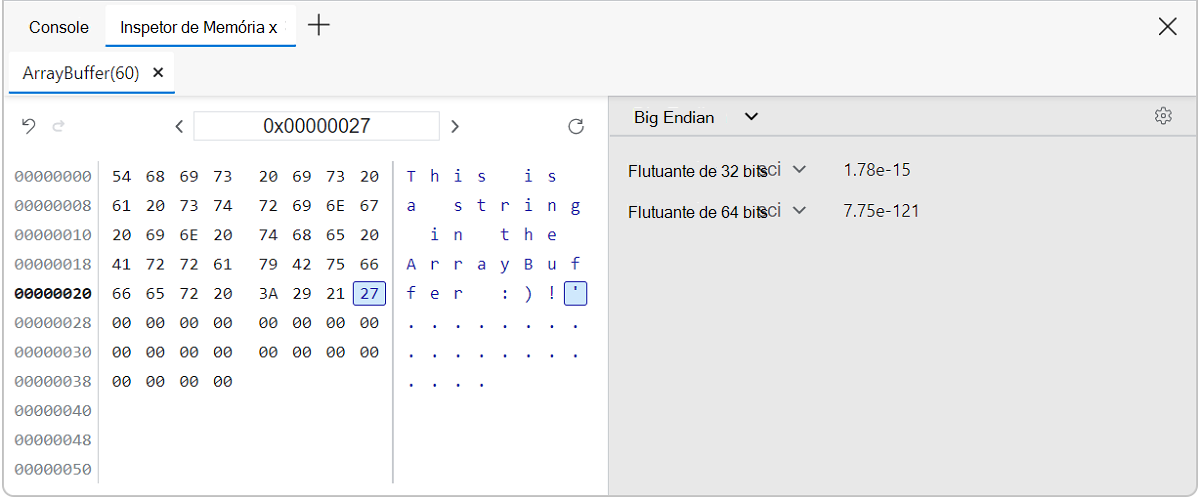 Vista atualizada dos valores de endereço do inspetor de memória