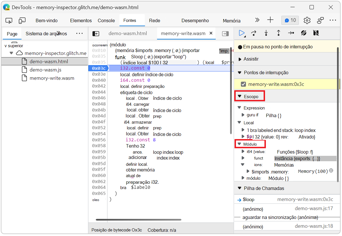 O inspetor de memória definiu o ponto de interrupção no ficheiro Wasm