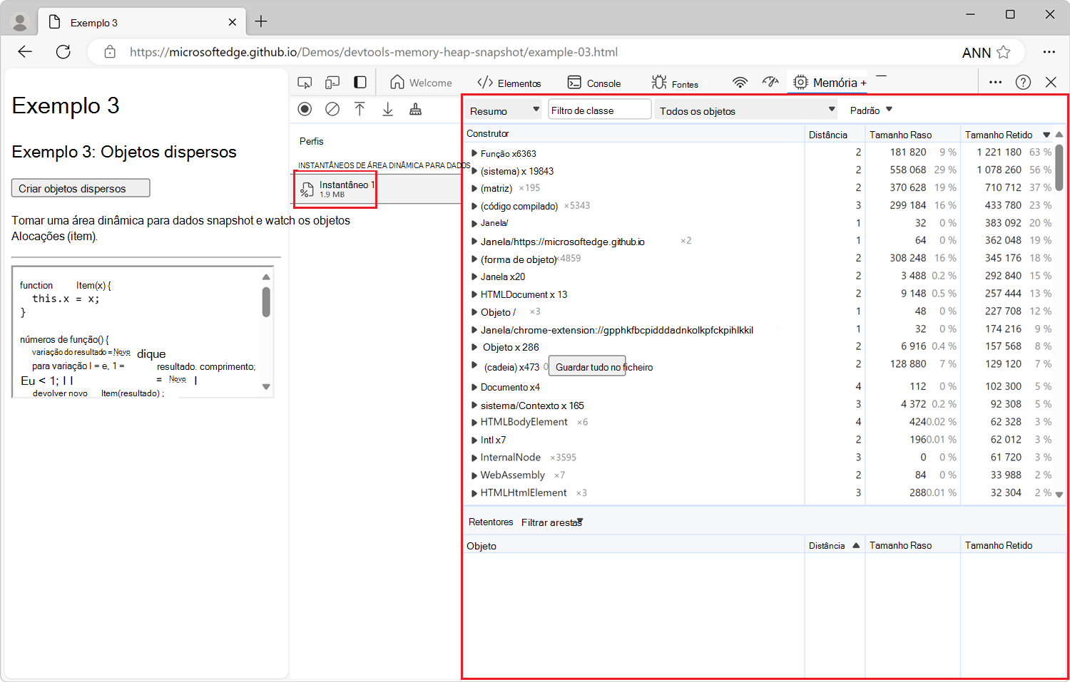 Tamanho total dos objetos acessíveis