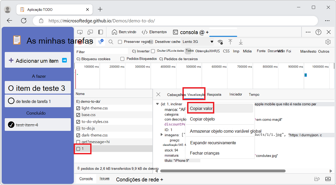 O comando Copiar Valor com o botão direito do rato