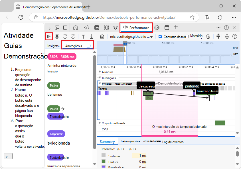 Anotações numa gravação de desempenho