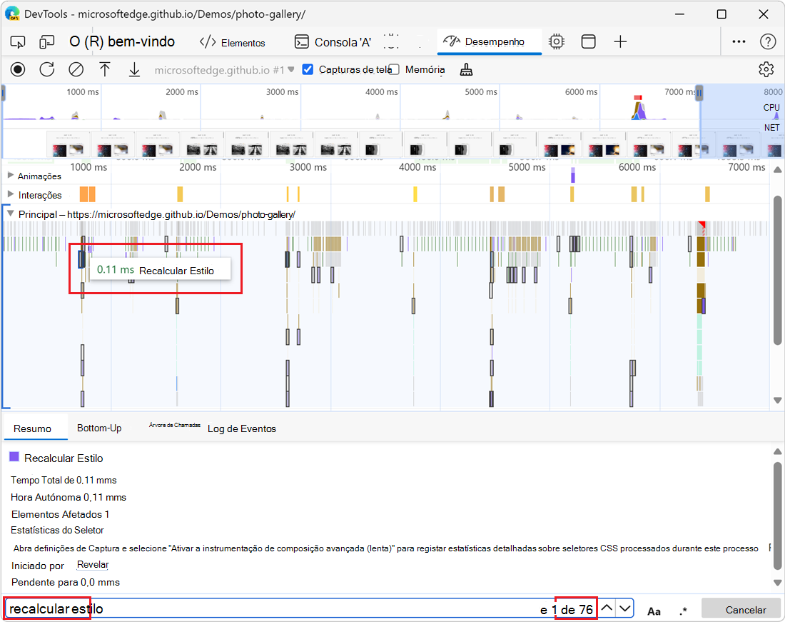 A caixa de pesquisa com uma consulta e atividades realçadas