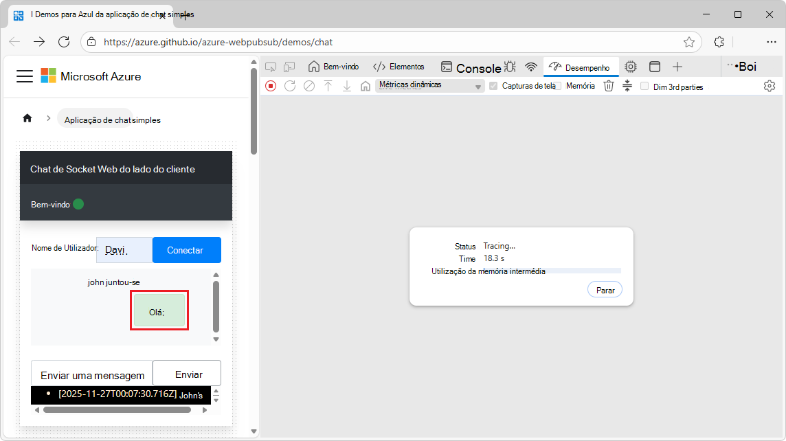 Mensagens webSocket na ferramenta Desempenho