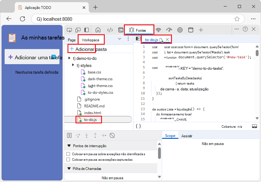 A ferramenta Origens com um ficheiro selecionado
