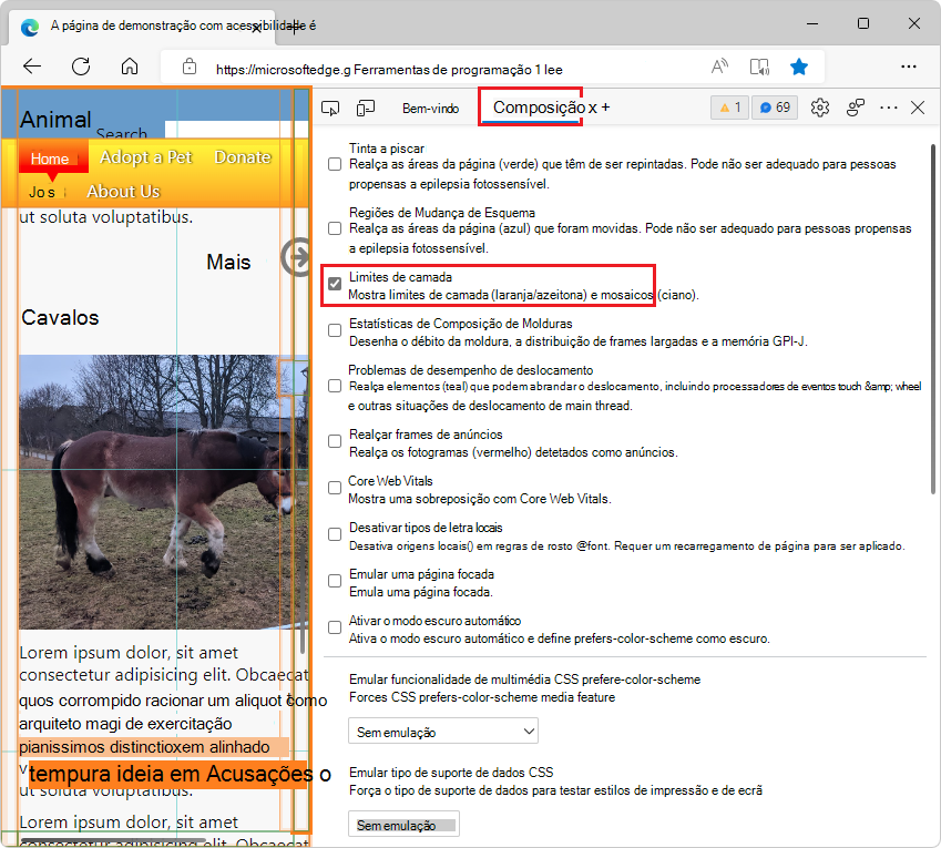 A ferramenta de Composição, com a caixa de verificação 