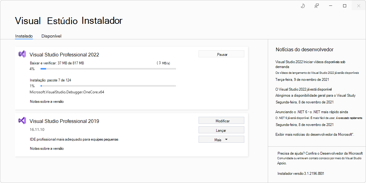 Visual Studio Installer a funcionar