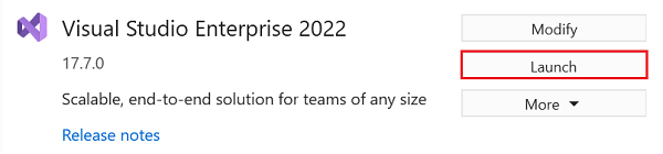 Captura de ecrã a mostrar a seleção de Iniciar no Visual Studio.