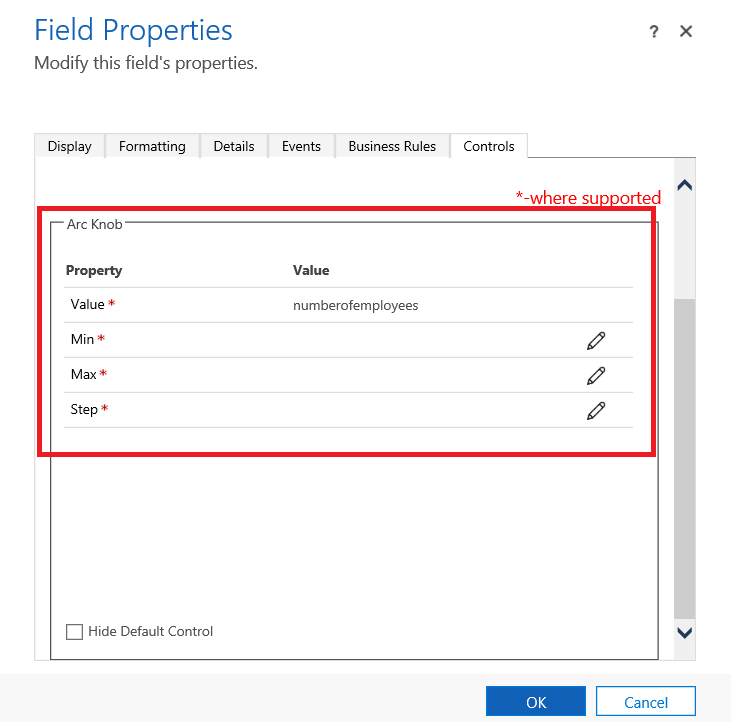 Adicionar propriedades do controlo personalizado.