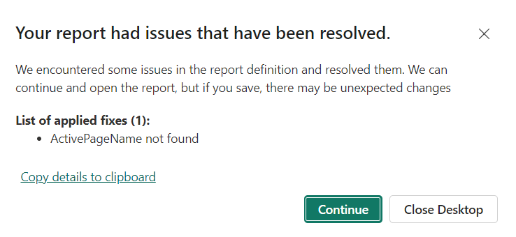 Captura de ecrã do erro não bloqueante do prompt PBIR.