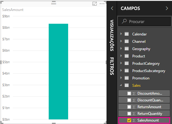 Captura de ecrã do gráfico de colunas SalesAmount.