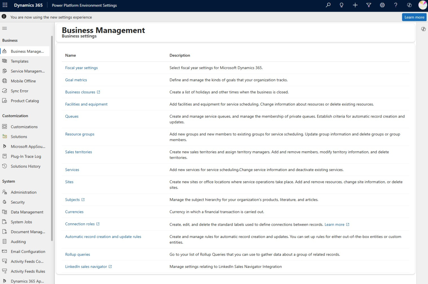 Captura de ecrã da aplicação Definições do Ambiente do Power Platform.
