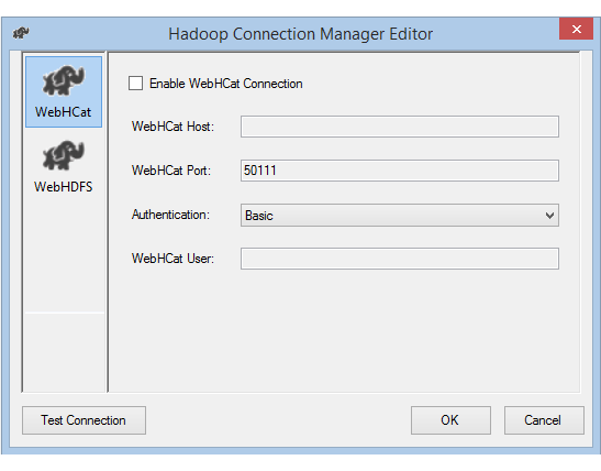Editor do gerenciador de conexões do Hadoop com autenticação básica Captura de tela do Editor do Gerenciador de Conexões do Hadoop com autenticação básica
