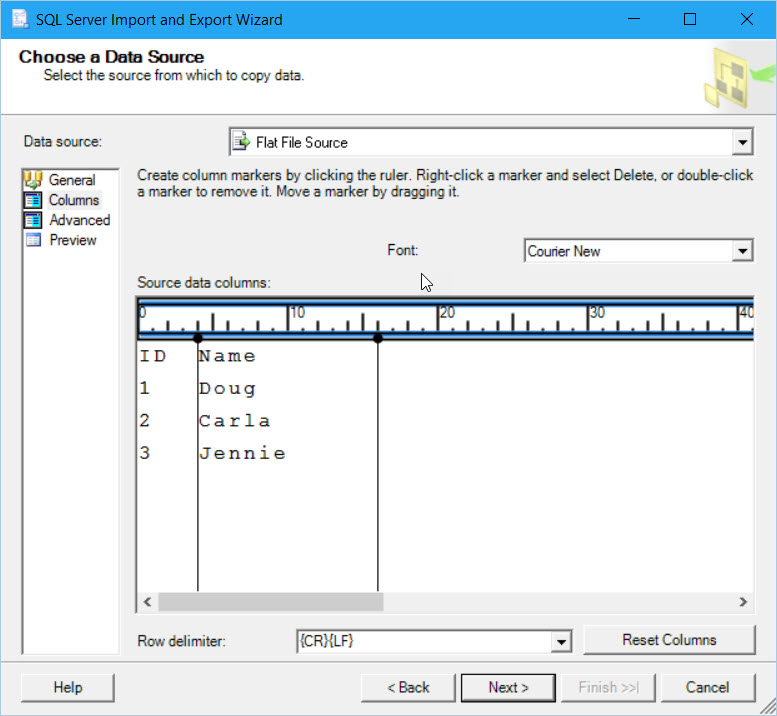 Ficheiro plano, direita irregular, página de Colunas