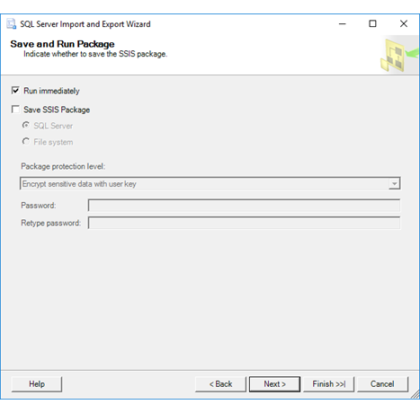 Página Salvar e executar pacote do Assistente de Importação e Exportação Página Salvar e executar pacote do Assistente de Importação e Exportação