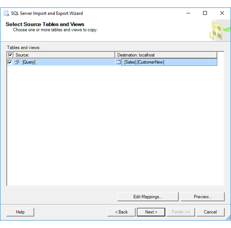 Página Selecionar tabelas do Assistente de Importação e Exportação Captura de tela mostrando a página Selecionar tabelas do Assistente de Importação e Exportação se você forneceu uma consulta