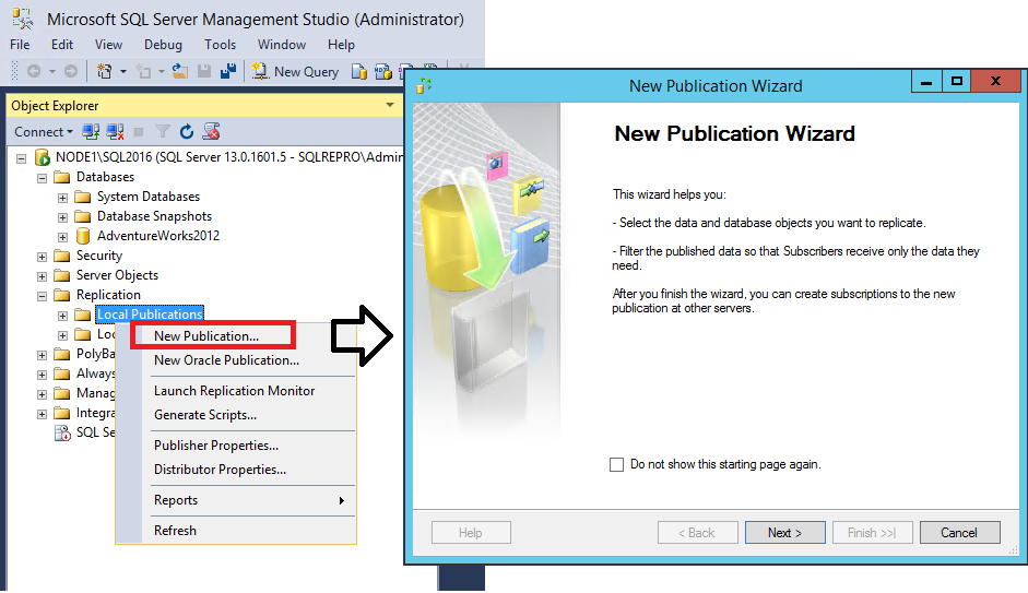 Seleções para iniciar o New Publication Wizard
