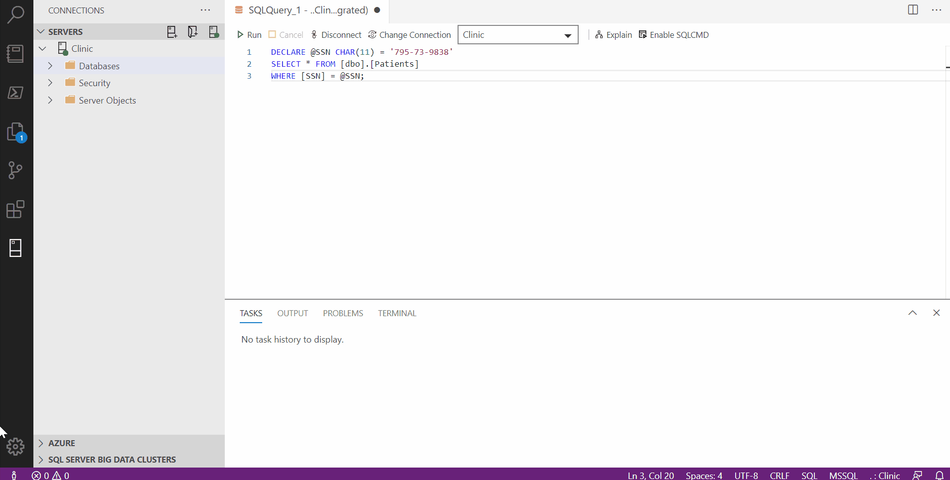 Pequeno vídeo mostrando como ativar/desativar a parametrização para Always Encrypted.